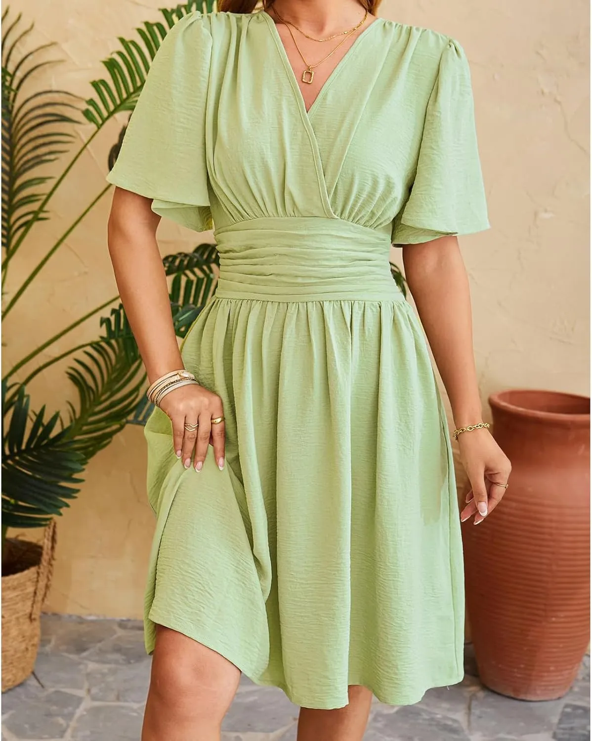 Womens Casual Short Sleeve Dress Dressy V Neck Ruched Wrap Midi Dresses Summer Elegant Trendy Travel Beach Sundress