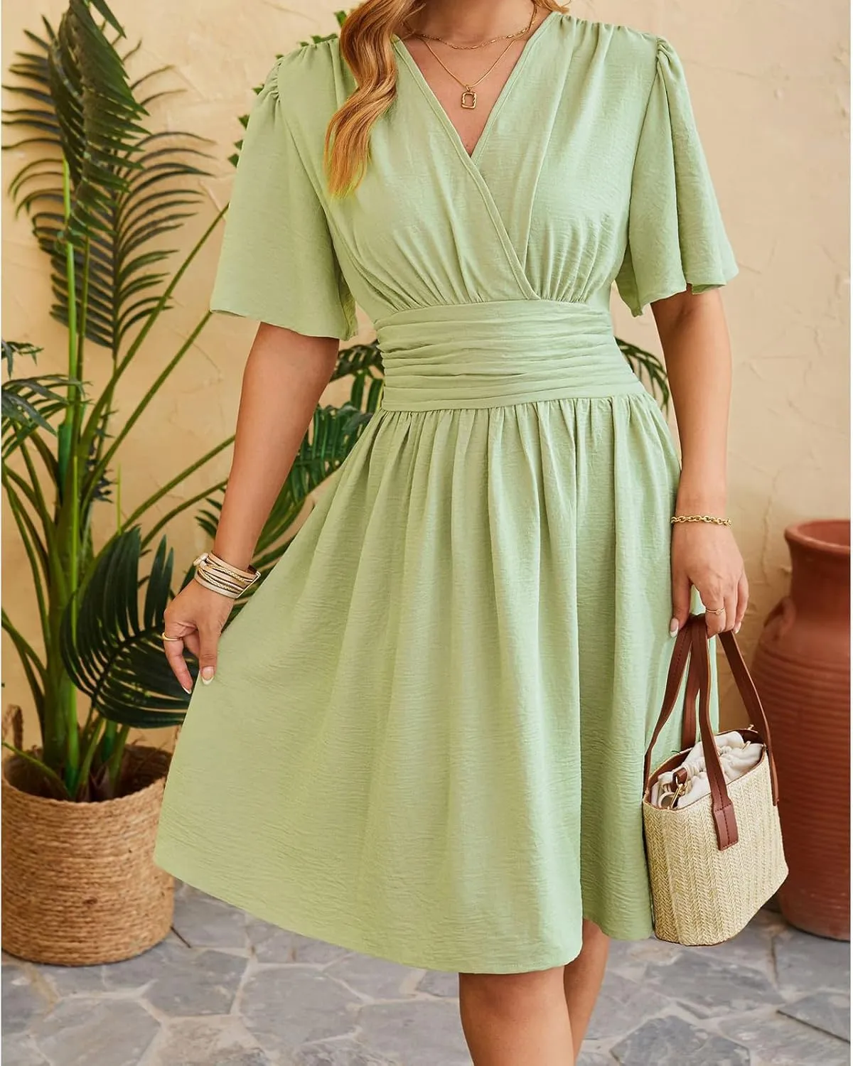 Womens Casual Short Sleeve Dress Dressy V Neck Ruched Wrap Midi Dresses Summer Elegant Trendy Travel Beach Sundress