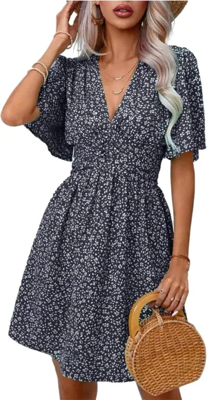 Women's Casual Short Sleeve Floral Mini Dress Sexy Deep V-Neck Holiday and Beach Dress with Ruffle Sleeve