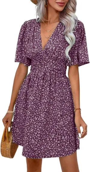 Women's Casual Short Sleeve Floral Mini Dress Sexy Deep V-Neck Holiday and Beach Dress with Ruffle Sleeve