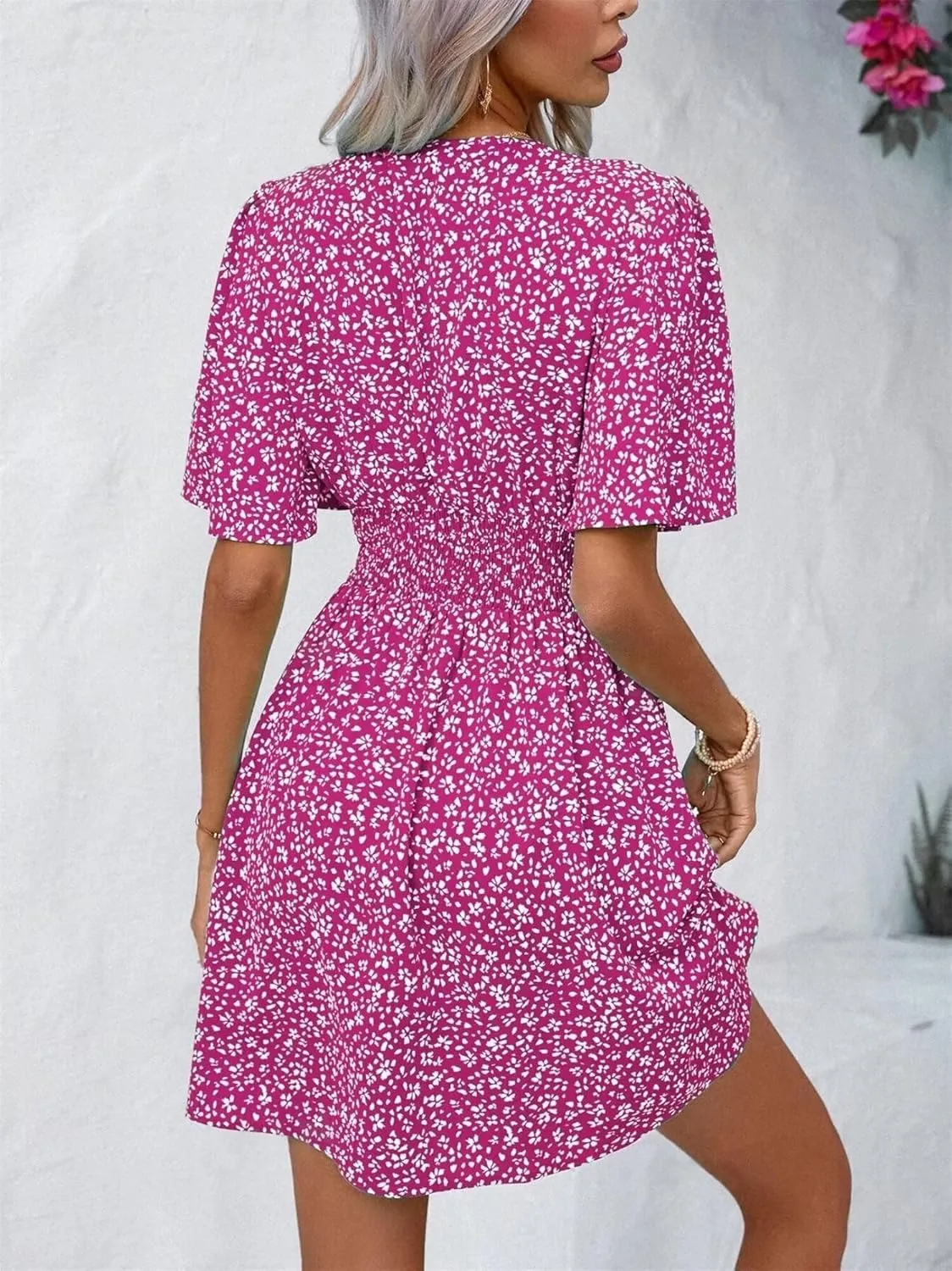 Women's Casual Short Sleeve Floral Mini Dress Sexy Deep V-Neck Holiday and Beach Dress with Ruffle Sleeve