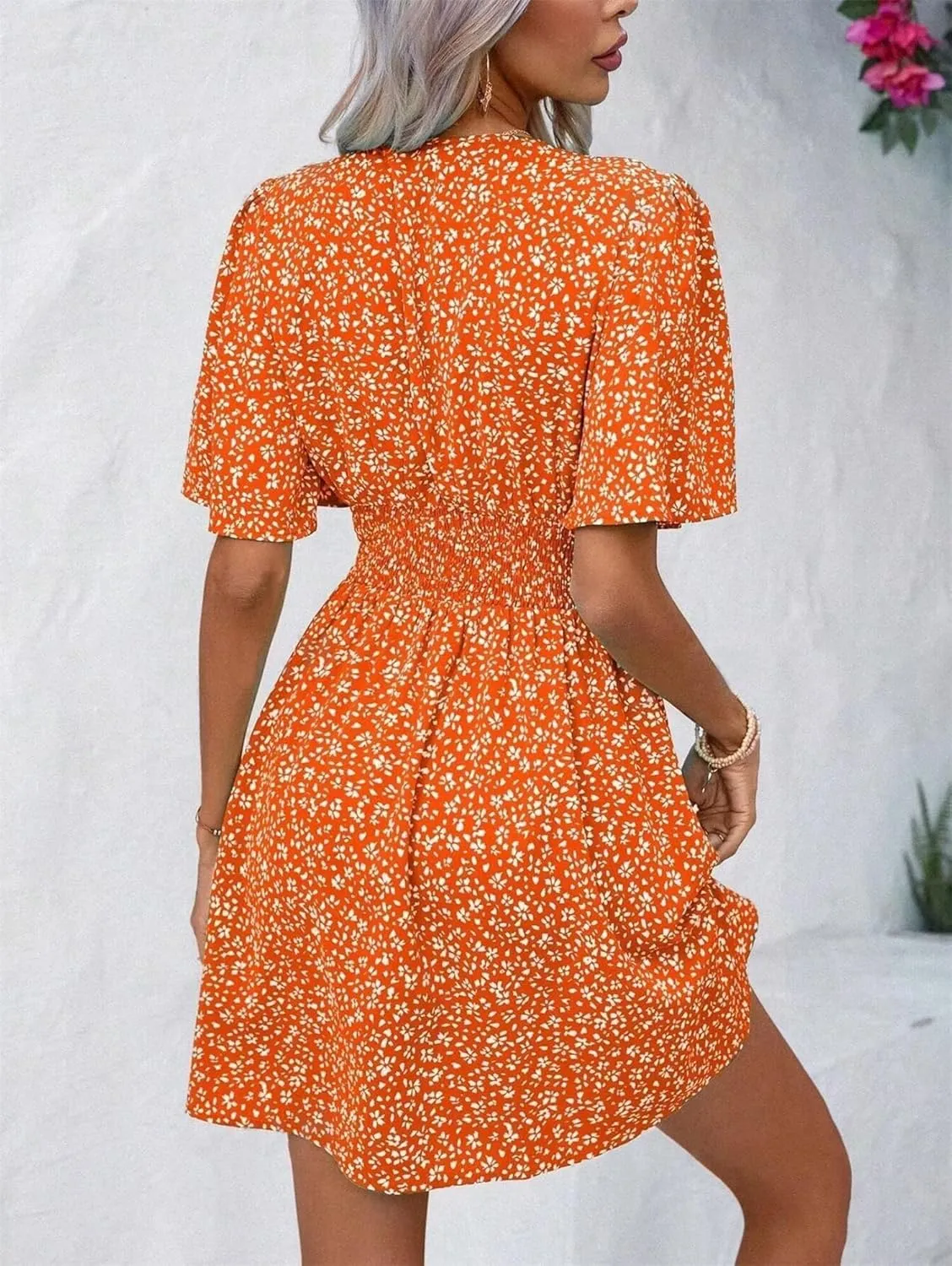 Women's Casual Short Sleeve Floral Mini Dress Sexy Deep V-Neck Holiday and Beach Dress with Ruffle Sleeve
