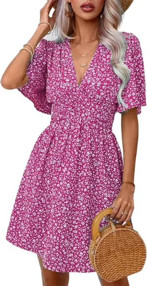 Women's Casual Short Sleeve Floral Mini Dress Sexy Deep V-Neck Holiday and Beach Dress with Ruffle Sleeve