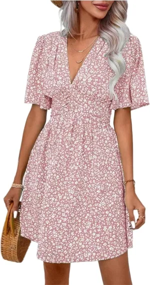 Women's Casual Short Sleeve Floral Mini Dress Sexy Deep V-Neck Holiday and Beach Dress with Ruffle Sleeve