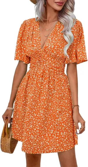 Women's Casual Short Sleeve Floral Mini Dress Sexy Deep V-Neck Holiday and Beach Dress with Ruffle Sleeve