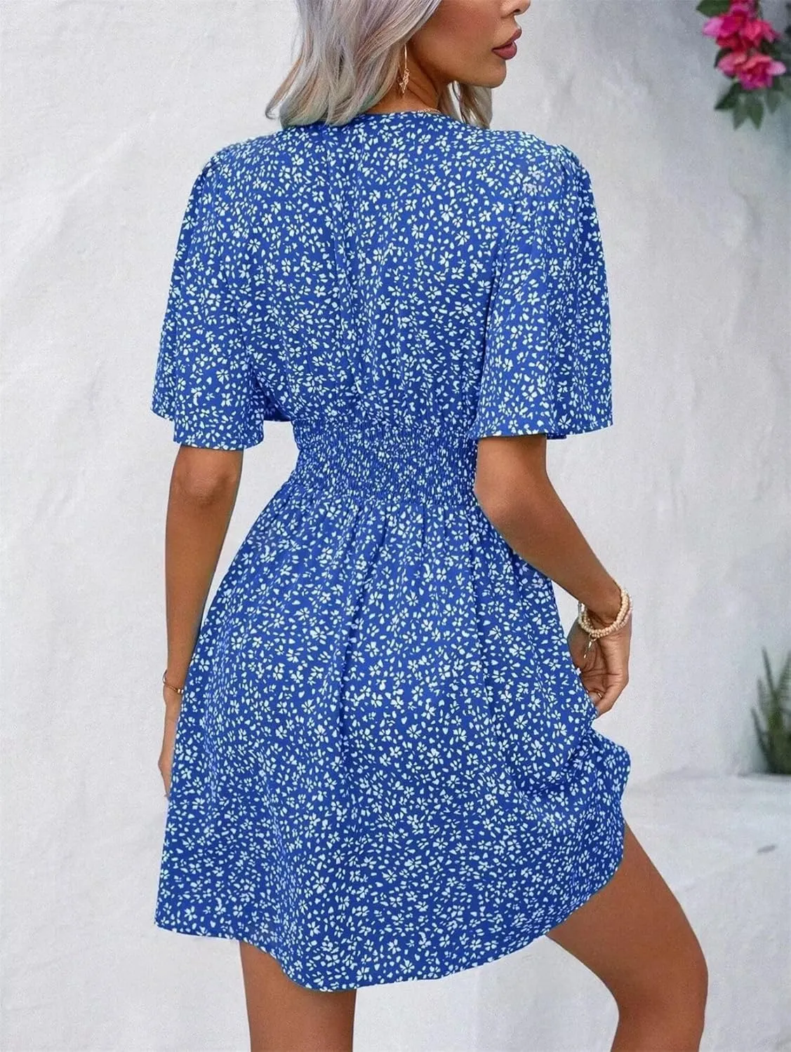 Women's Casual Short Sleeve Floral Mini Dress Sexy Deep V-Neck Holiday and Beach Dress with Ruffle Sleeve