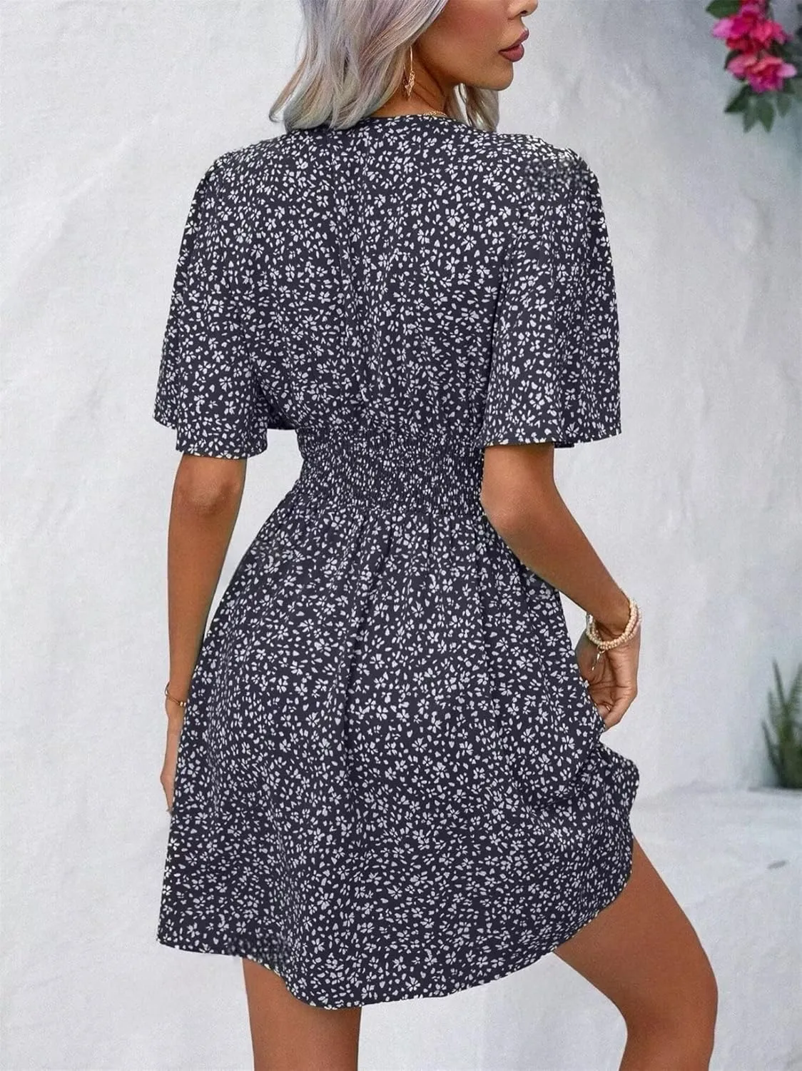 Women's Casual Short Sleeve Floral Mini Dress Sexy Deep V-Neck Holiday and Beach Dress with Ruffle Sleeve