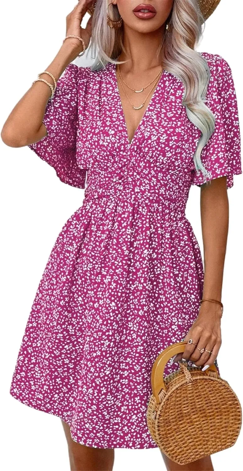 Women's Casual Short Sleeve Floral Mini Dress Sexy Deep V-Neck Holiday and Beach Dress with Ruffle Sleeve
