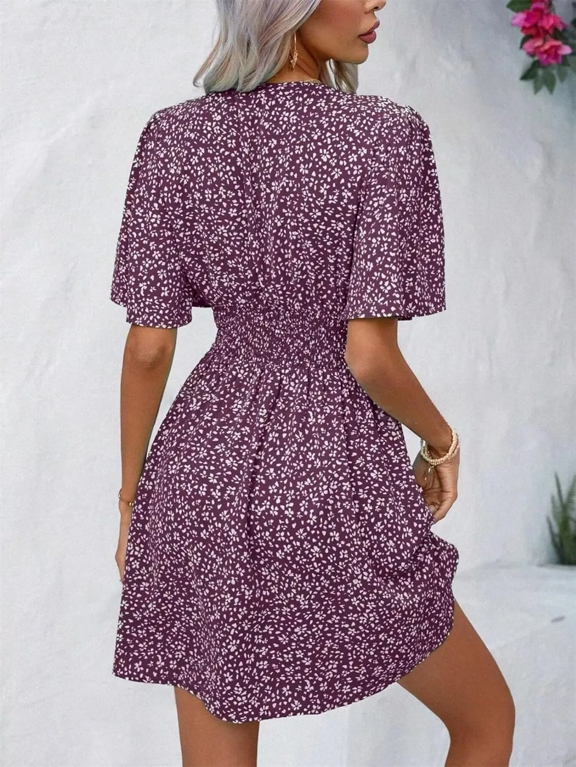 Women's Casual Short Sleeve Floral Mini Dress Sexy Deep V-Neck Holiday and Beach Dress with Ruffle Sleeve