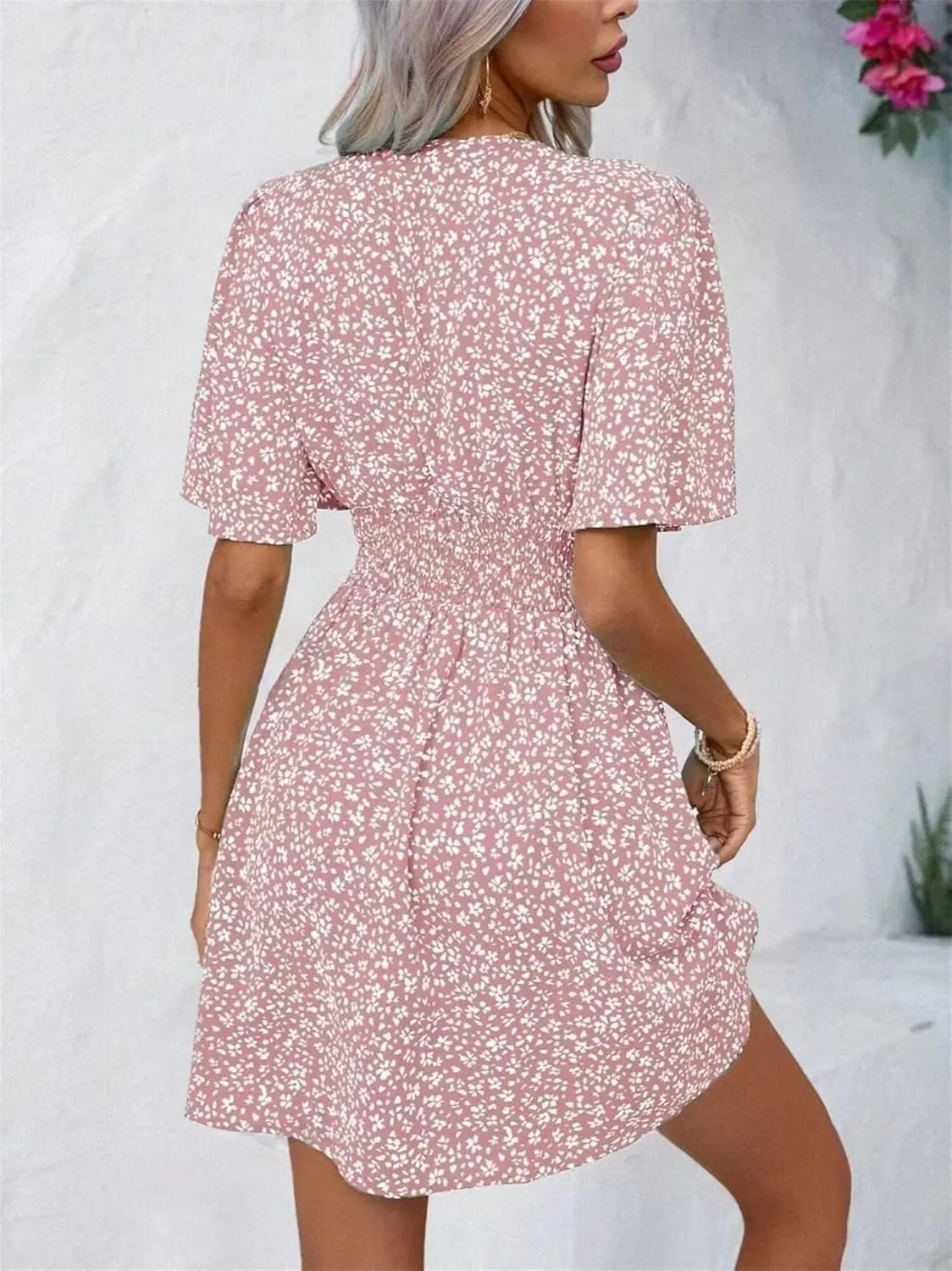 Women's Casual Short Sleeve Floral Mini Dress Sexy Deep V-Neck Holiday and Beach Dress with Ruffle Sleeve