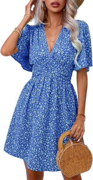 Women's Casual Short Sleeve Floral Mini Dress Sexy Deep V-Neck Holiday and Beach Dress with Ruffle Sleeve