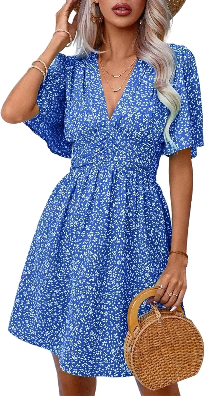 Women's Casual Short Sleeve Floral Mini Dress Sexy Deep V-Neck Holiday and Beach Dress with Ruffle Sleeve