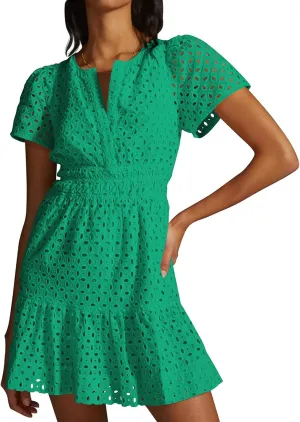 Women's Comfy Midi Dress Summer Beach Sundress V-Neck A-line Skirts Hollow Lace Pleated Short Sleeve Mini Dresses