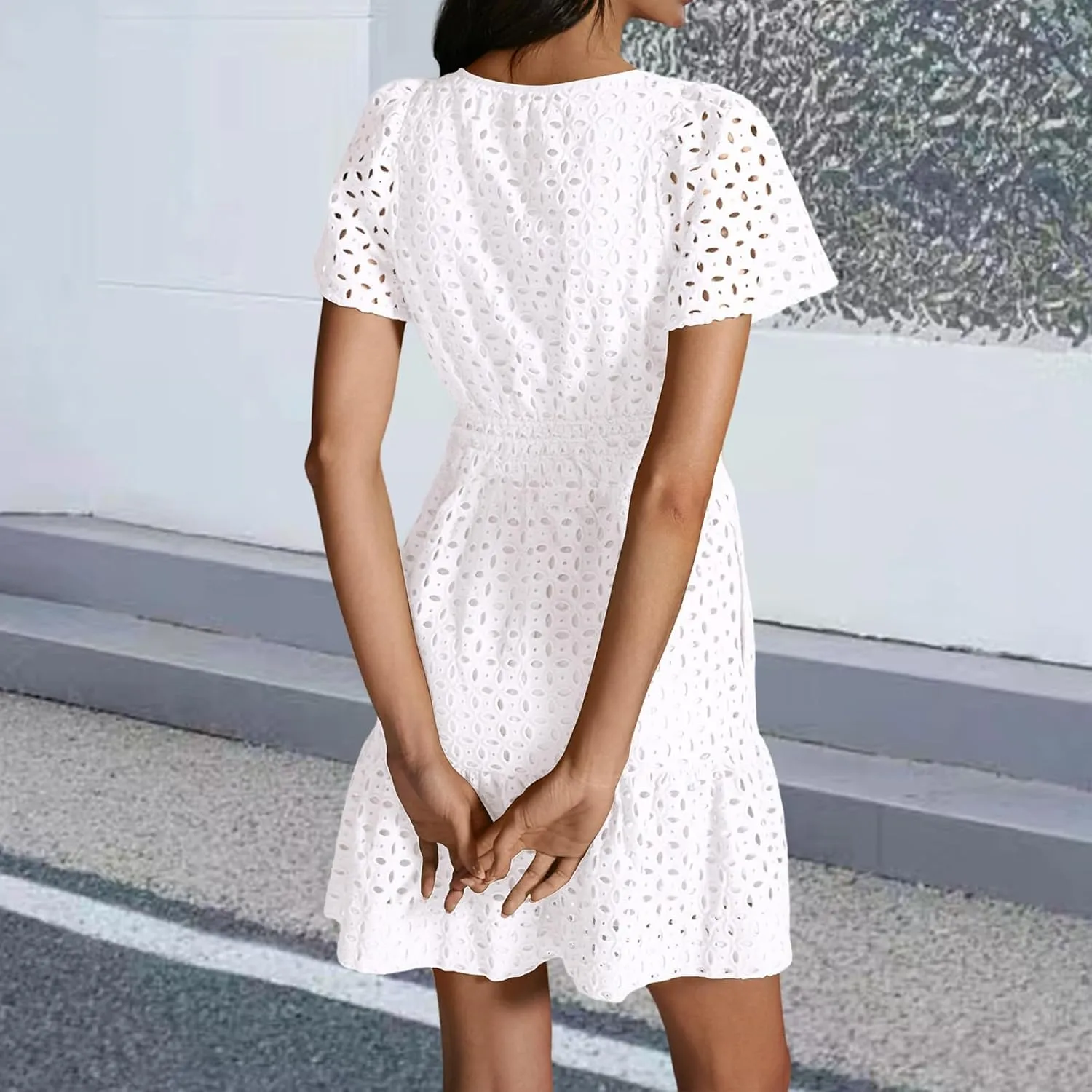Women's Comfy Midi Dress Summer Beach Sundress V-Neck A-line Skirts Hollow Lace Pleated Short Sleeve Mini Dresses