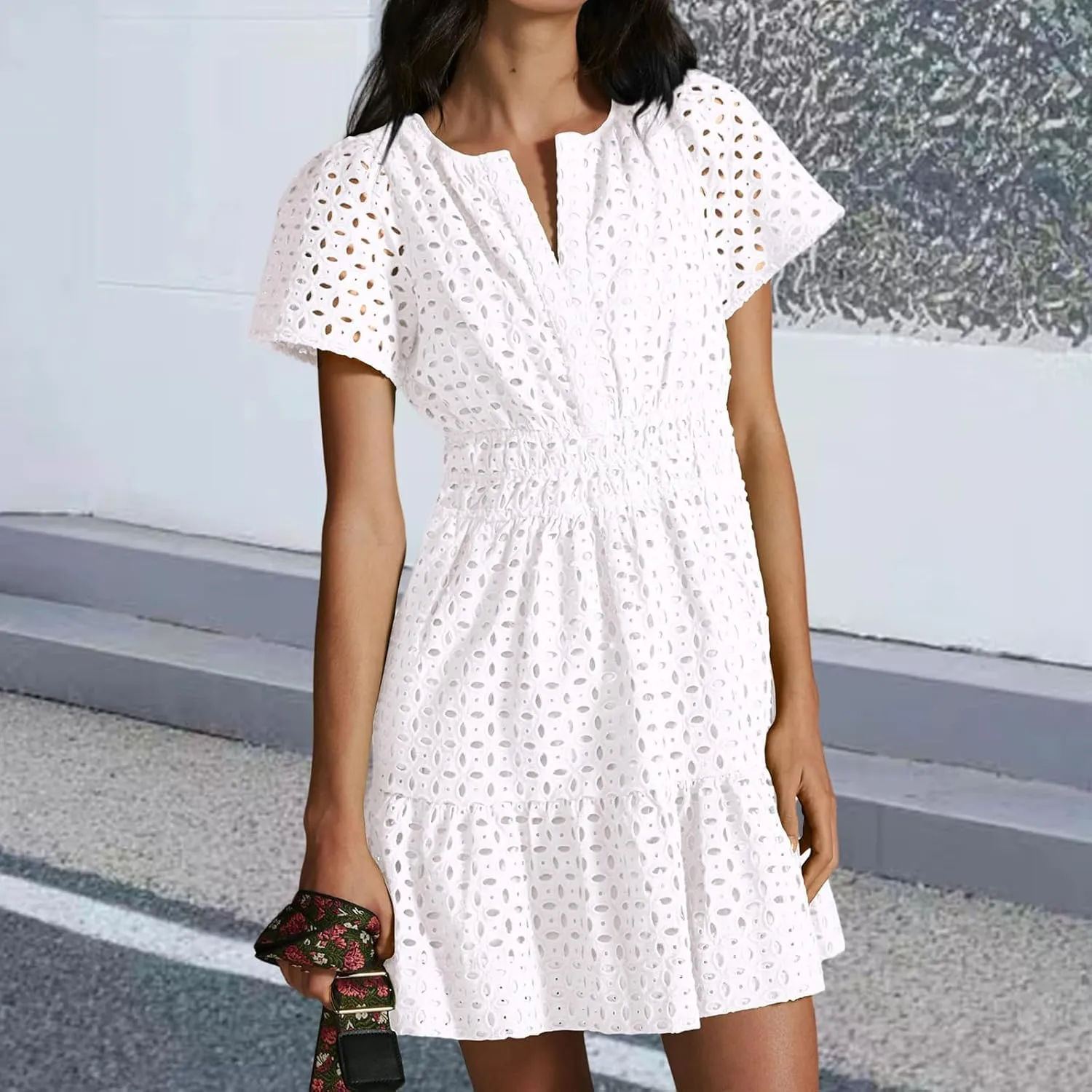 Women's Comfy Midi Dress Summer Beach Sundress V-Neck A-line Skirts Hollow Lace Pleated Short Sleeve Mini Dresses