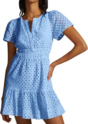 Women's Comfy Midi Dress Summer Beach Sundress V-Neck A-line Skirts Hollow Lace Pleated Short Sleeve Mini Dresses