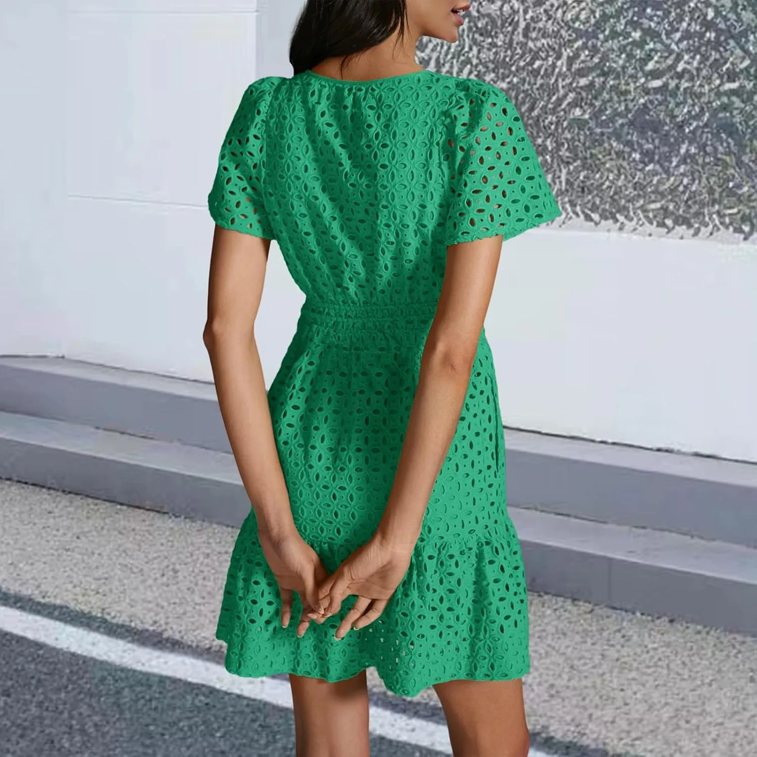 Women's Comfy Midi Dress Summer Beach Sundress V-Neck A-line Skirts Hollow Lace Pleated Short Sleeve Mini Dresses