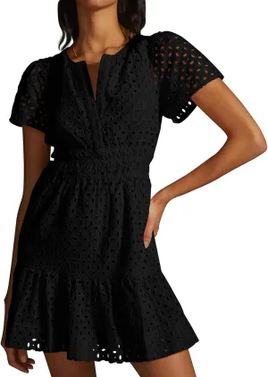 Women's Comfy Midi Dress Summer Beach Sundress V-Neck A-line Skirts Hollow Lace Pleated Short Sleeve Mini Dresses