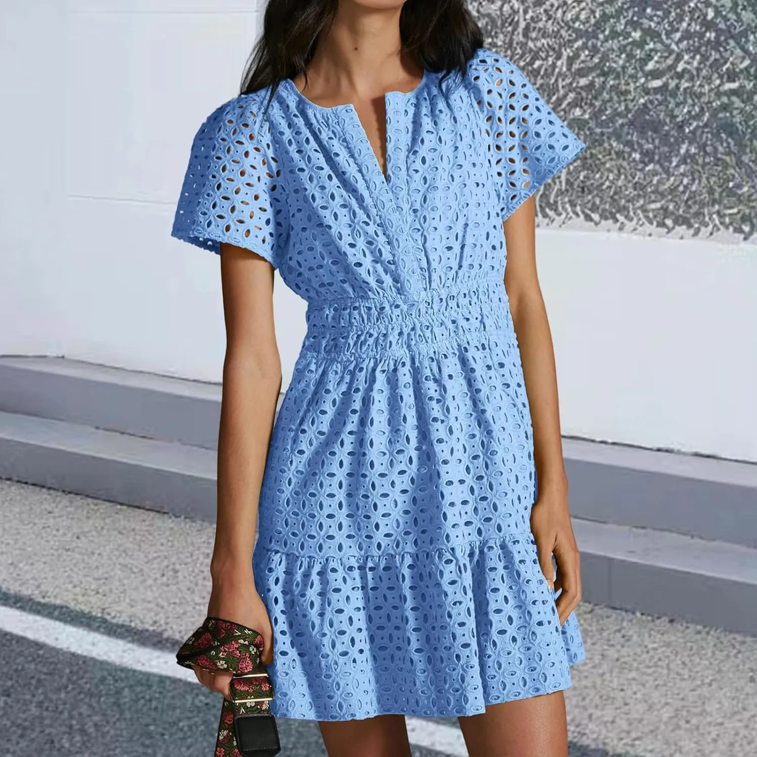 Women's Comfy Midi Dress Summer Beach Sundress V-Neck A-line Skirts Hollow Lace Pleated Short Sleeve Mini Dresses