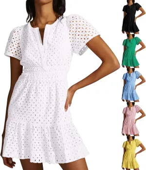 Women's Comfy Midi Dress Summer Beach Sundress V-Neck A-line Skirts Hollow Lace Pleated Short Sleeve Mini Dresses