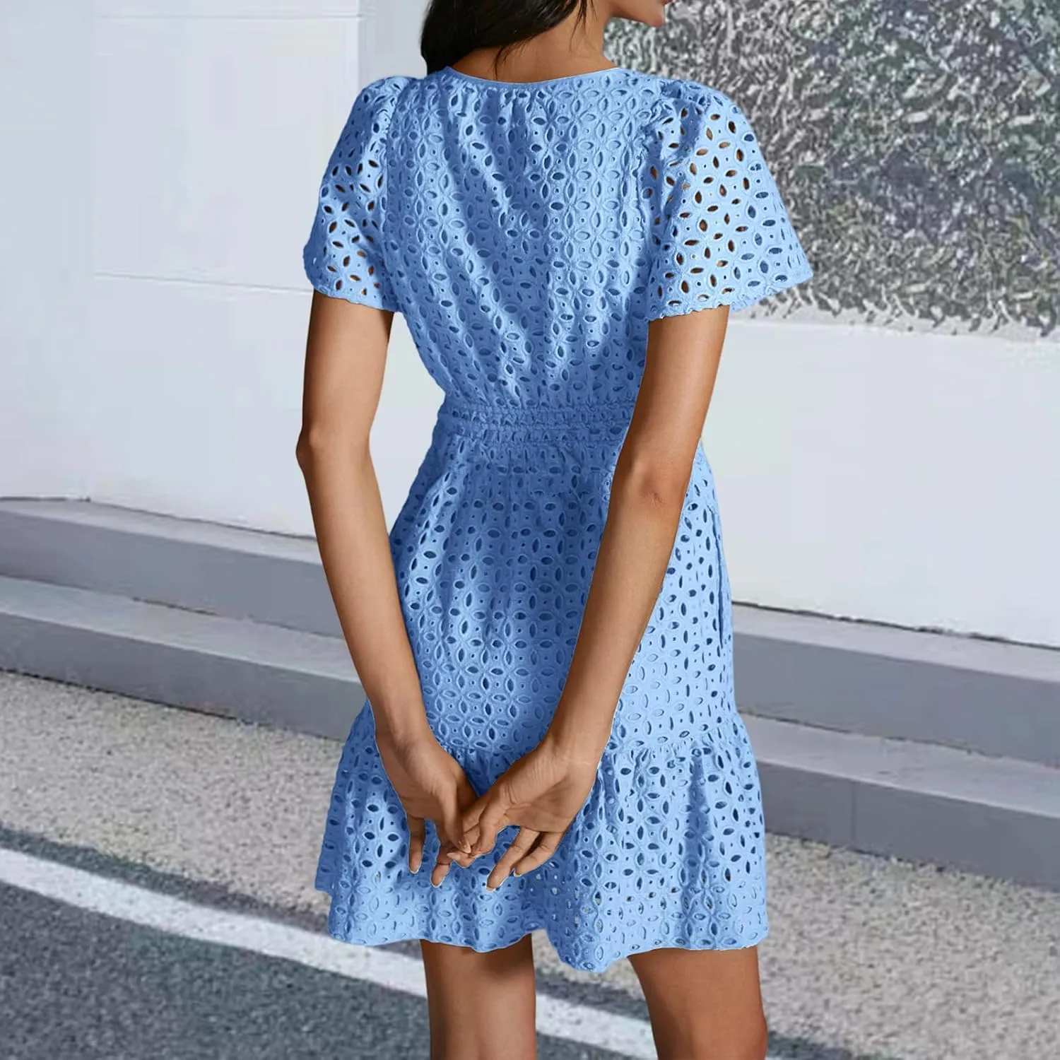 Women's Comfy Midi Dress Summer Beach Sundress V-Neck A-line Skirts Hollow Lace Pleated Short Sleeve Mini Dresses