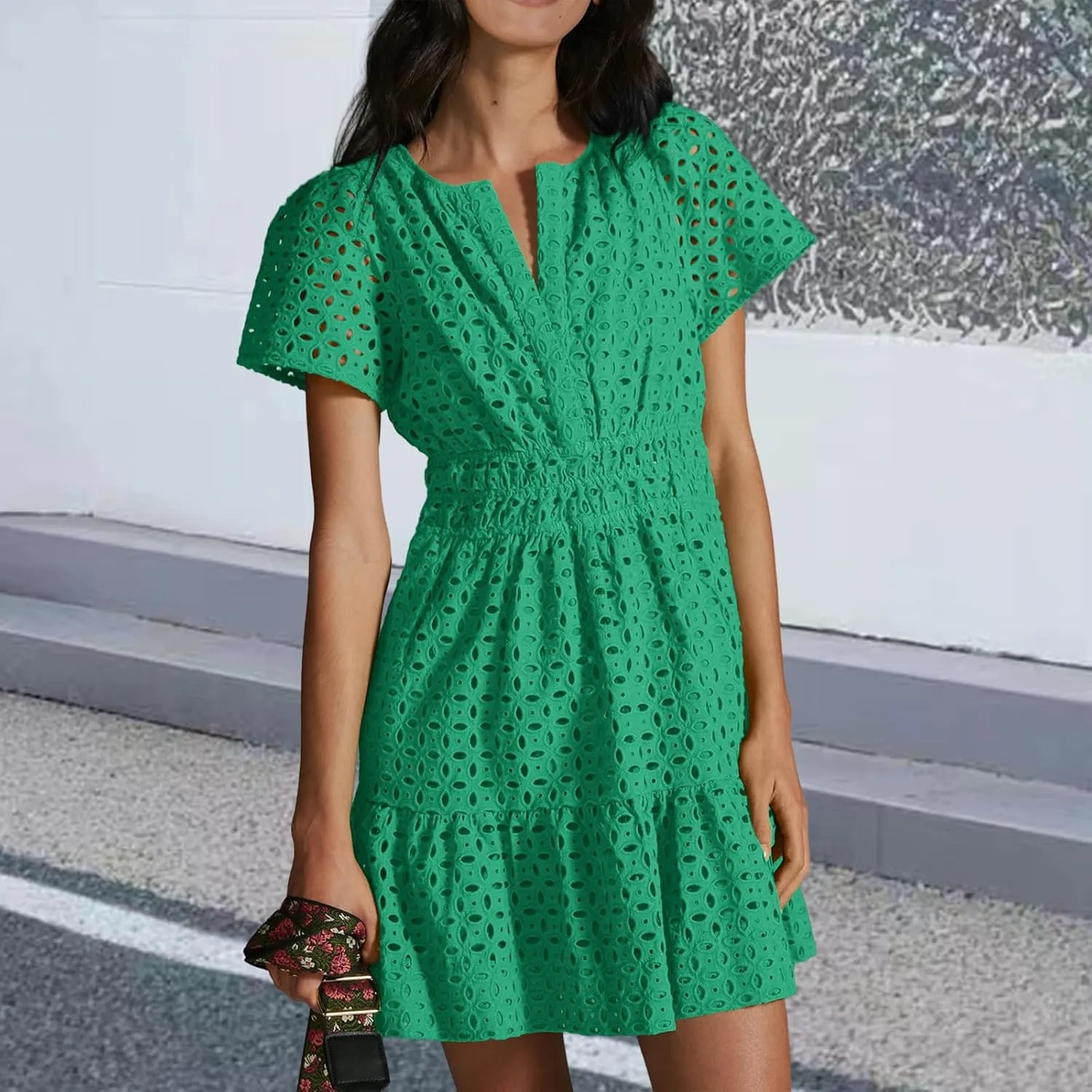 Women's Comfy Midi Dress Summer Beach Sundress V-Neck A-line Skirts Hollow Lace Pleated Short Sleeve Mini Dresses