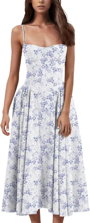 Womens Corset Dress Elegant Spaghetti Strap Bustier Midi Dress Flowy Pleated Hem Low Cut Prom Dresses with Pockets