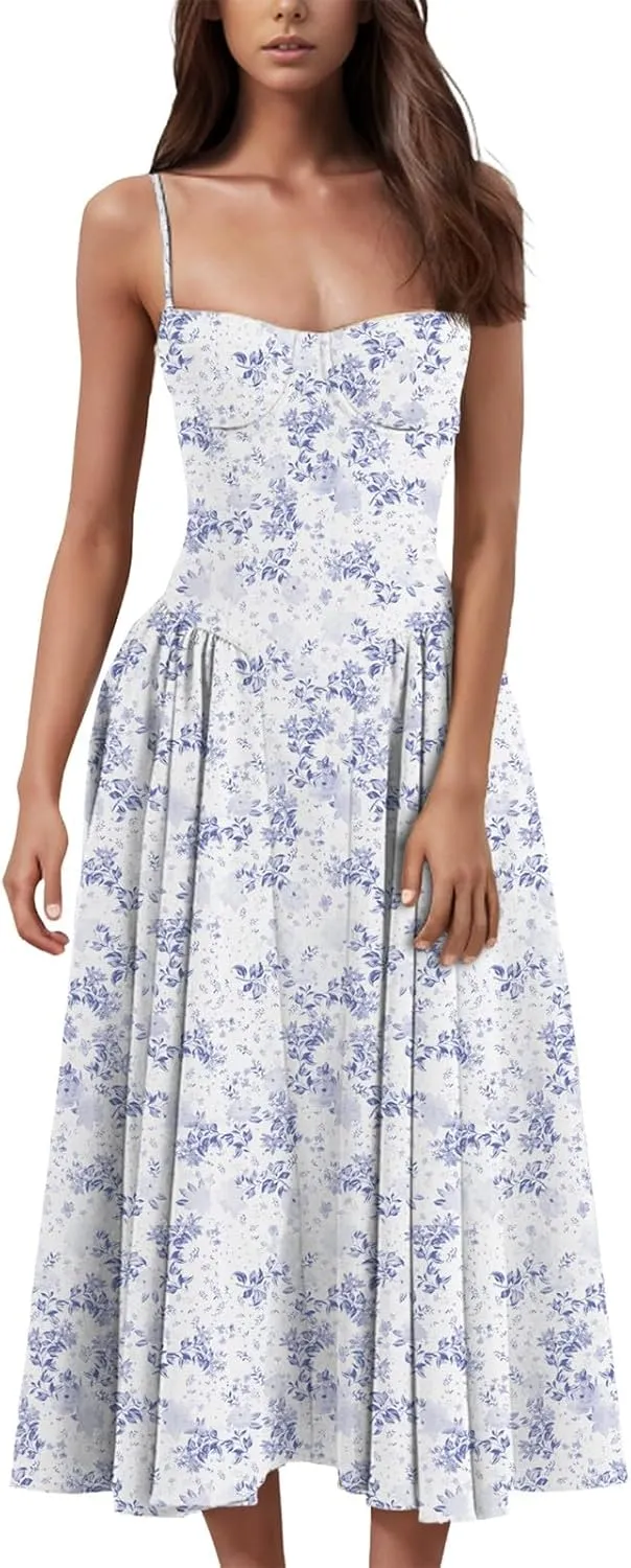 Womens Corset Dress Elegant Spaghetti Strap Bustier Midi Dress Flowy Pleated Hem Low Cut Prom Dresses with Pockets