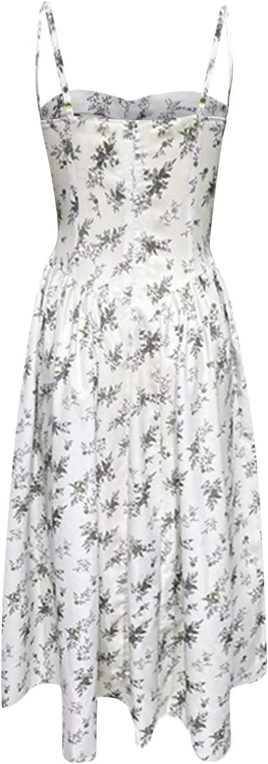 Womens Corset Dress Elegant Spaghetti Strap Bustier Midi Dress Flowy Pleated Hem Low Cut Prom Dresses with Pockets