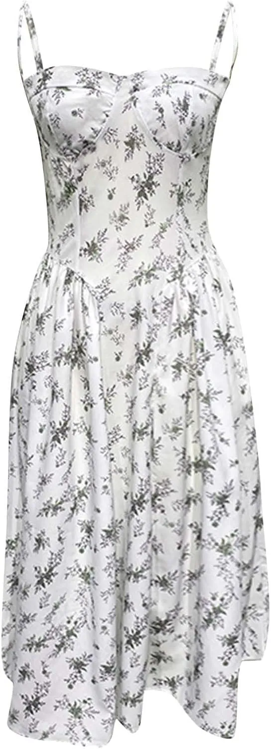 Womens Corset Dress Elegant Spaghetti Strap Bustier Midi Dress Flowy Pleated Hem Low Cut Prom Dresses with Pockets