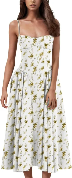 Womens Corset Dress Elegant Spaghetti Strap Bustier Midi Dress Flowy Pleated Hem Low Cut Prom Dresses with Pockets
