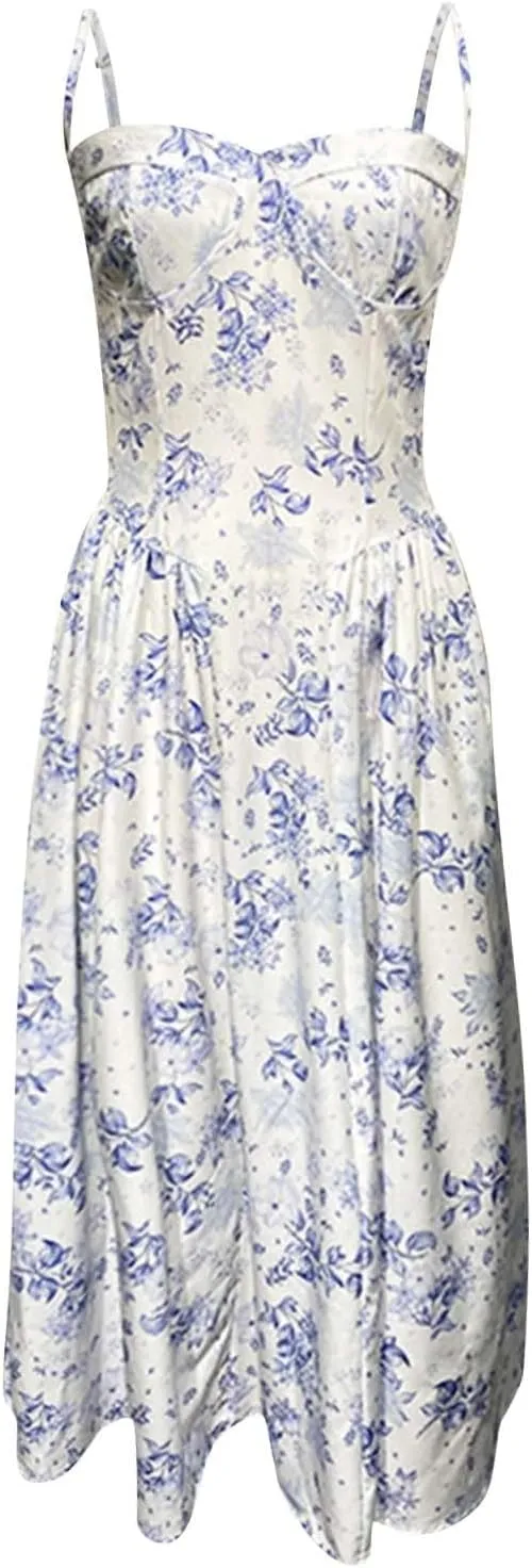 Womens Corset Dress Elegant Spaghetti Strap Bustier Midi Dress Flowy Pleated Hem Low Cut Prom Dresses with Pockets