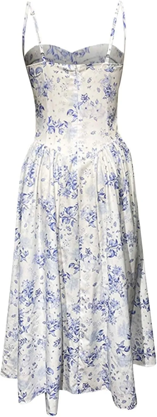 Womens Corset Dress Elegant Spaghetti Strap Bustier Midi Dress Flowy Pleated Hem Low Cut Prom Dresses with Pockets