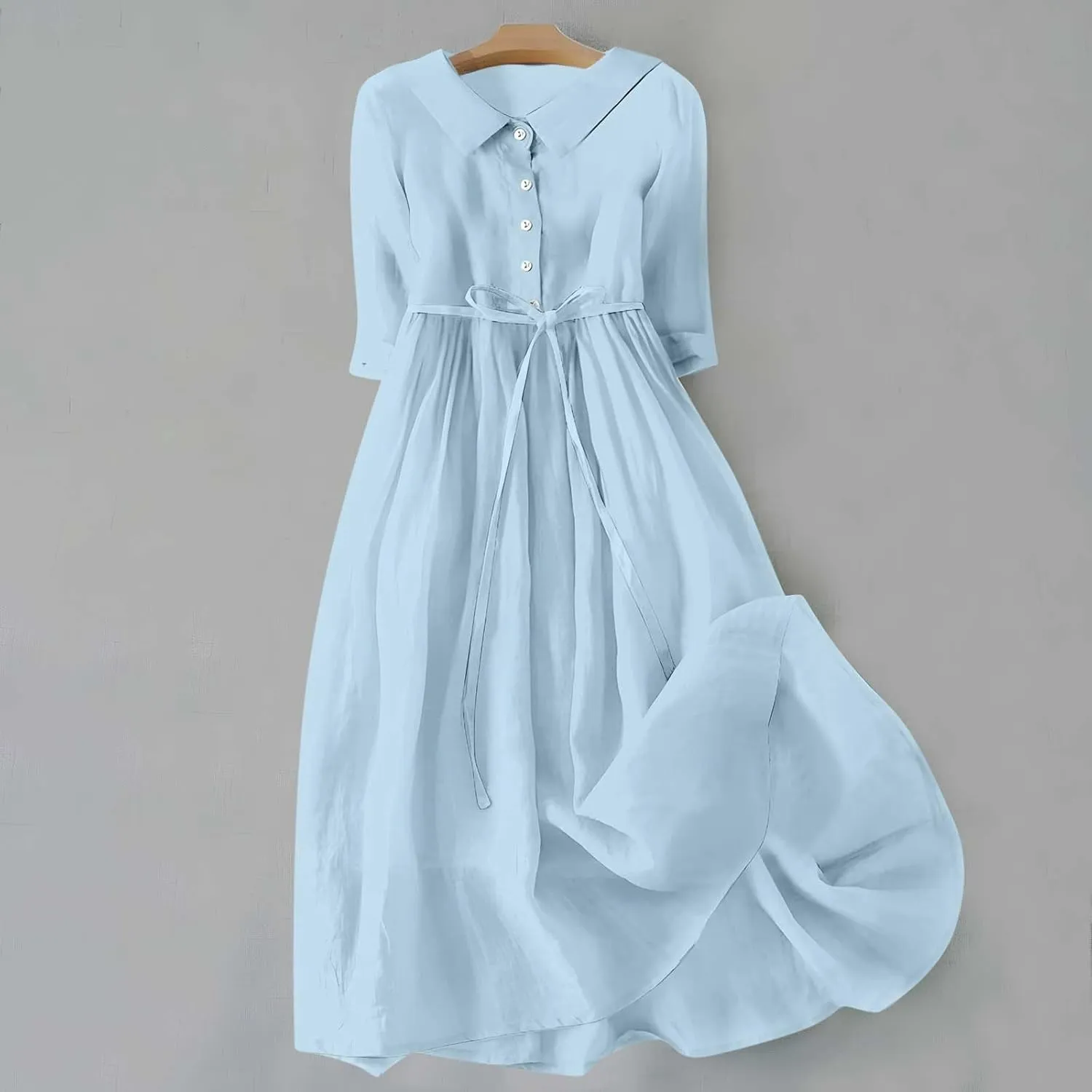 Women's Cotton Linen Button Down Shirt Dress Fashion Drawstring 3/4 Sleeve Pleated Dresses Casual Seaside Outfit 2025
