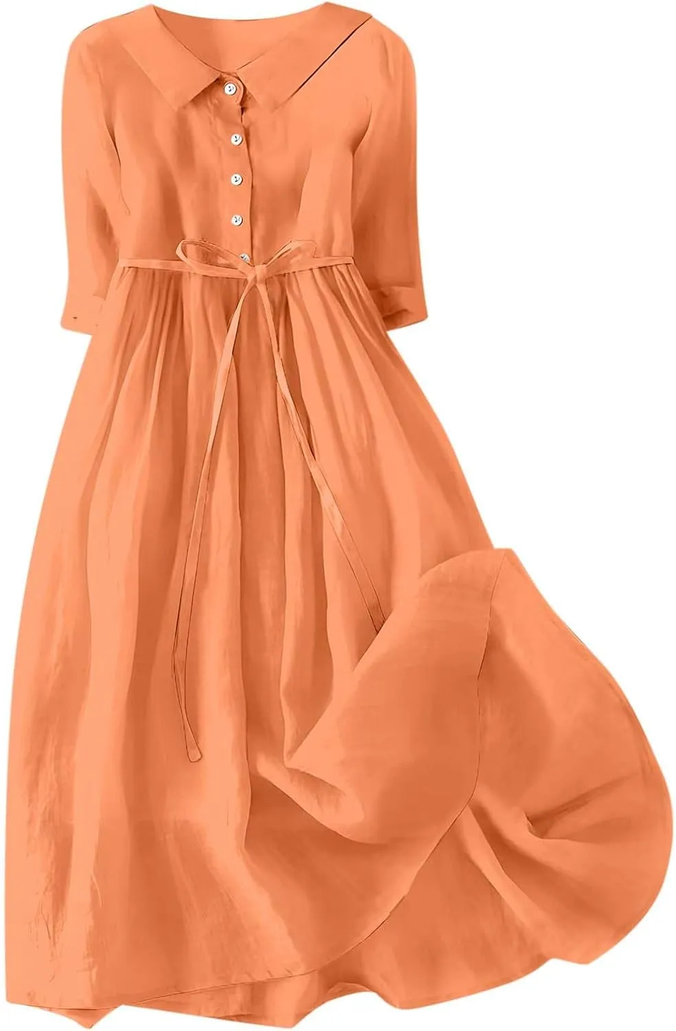 Women's Cotton Linen Button Down Shirt Dress Fashion Drawstring 3/4 Sleeve Pleated Dresses Casual Seaside Outfit 2025
