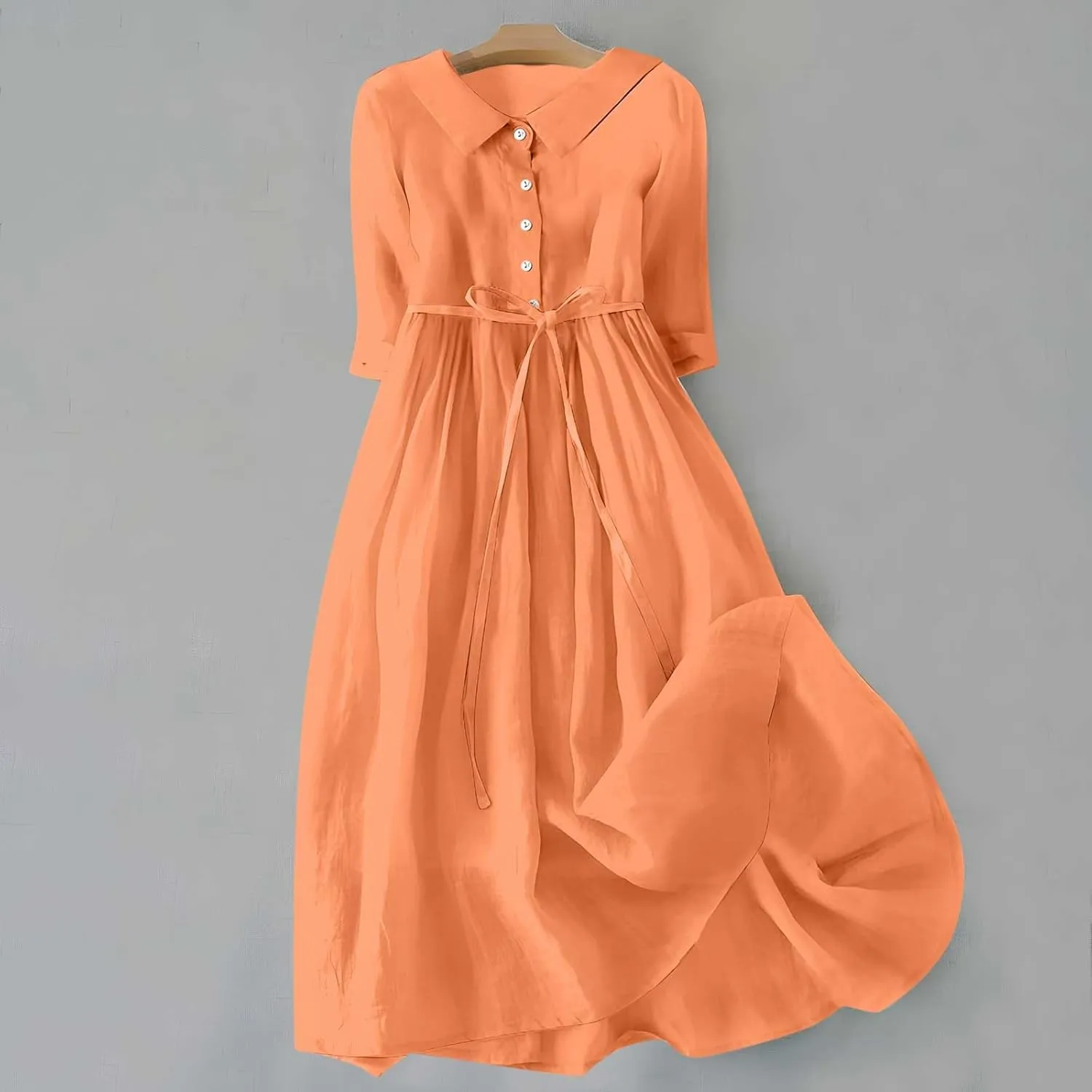 Women's Cotton Linen Button Down Shirt Dress Fashion Drawstring 3/4 Sleeve Pleated Dresses Casual Seaside Outfit 2025