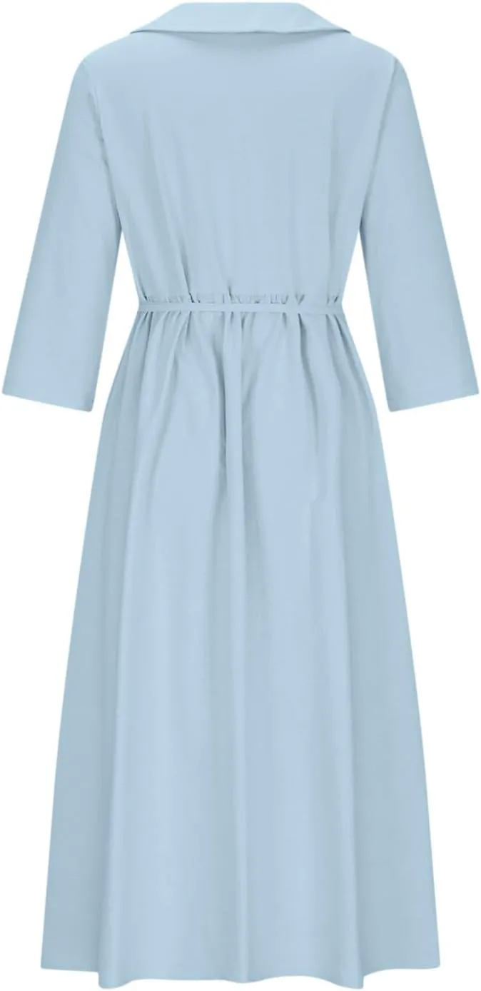 Women's Cotton Linen Button Down Shirt Dress Fashion Drawstring 3/4 Sleeve Pleated Dresses Casual Seaside Outfit 2025