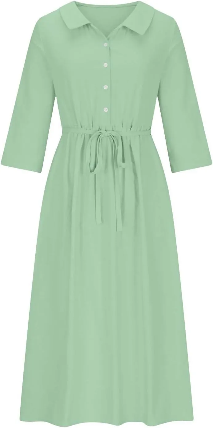 Women's Cotton Linen Button Down Shirt Dress Fashion Drawstring 3/4 Sleeve Pleated Dresses Casual Seaside Outfit 2025