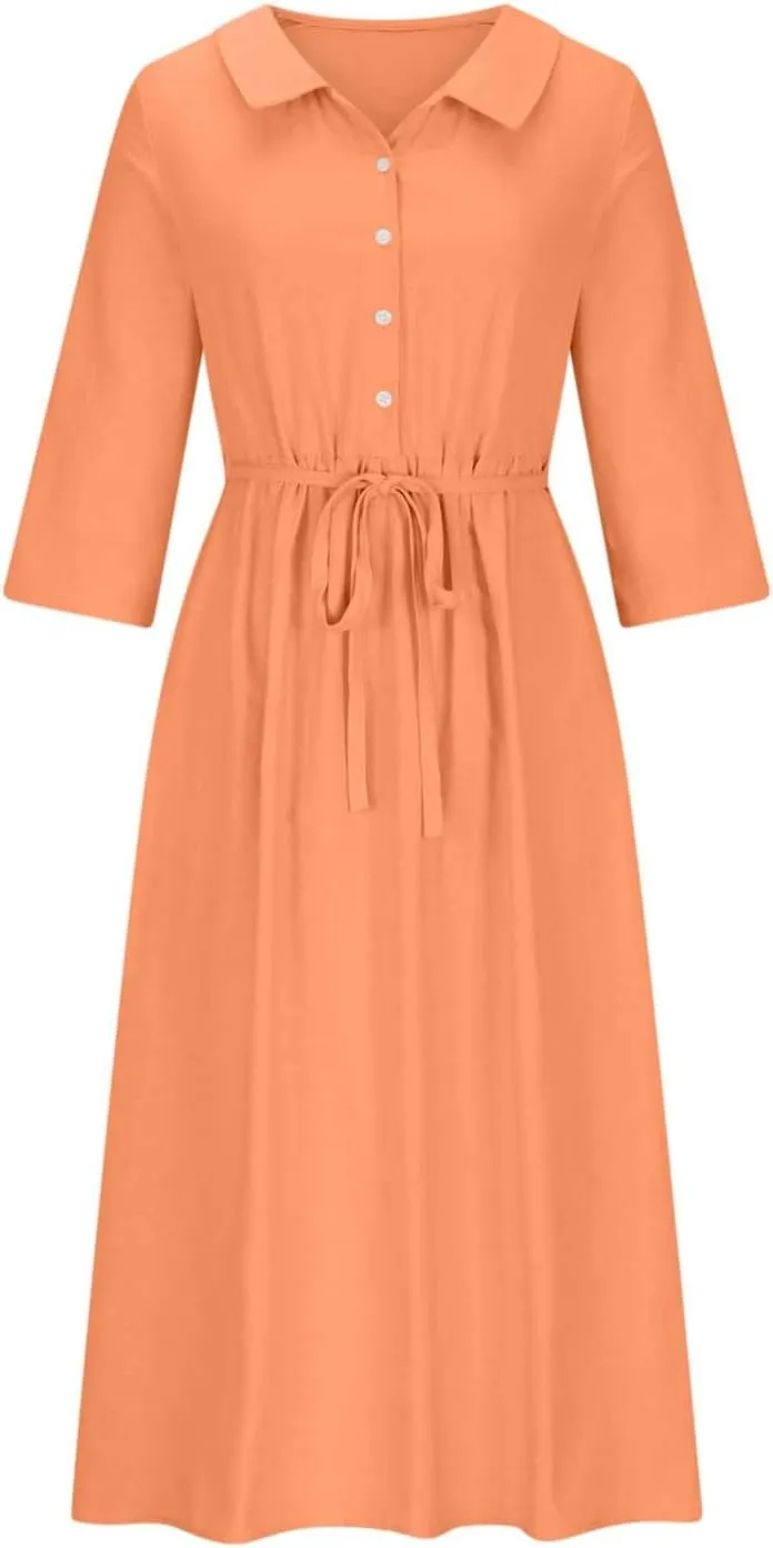 Women's Cotton Linen Button Down Shirt Dress Fashion Drawstring 3/4 Sleeve Pleated Dresses Casual Seaside Outfit 2025
