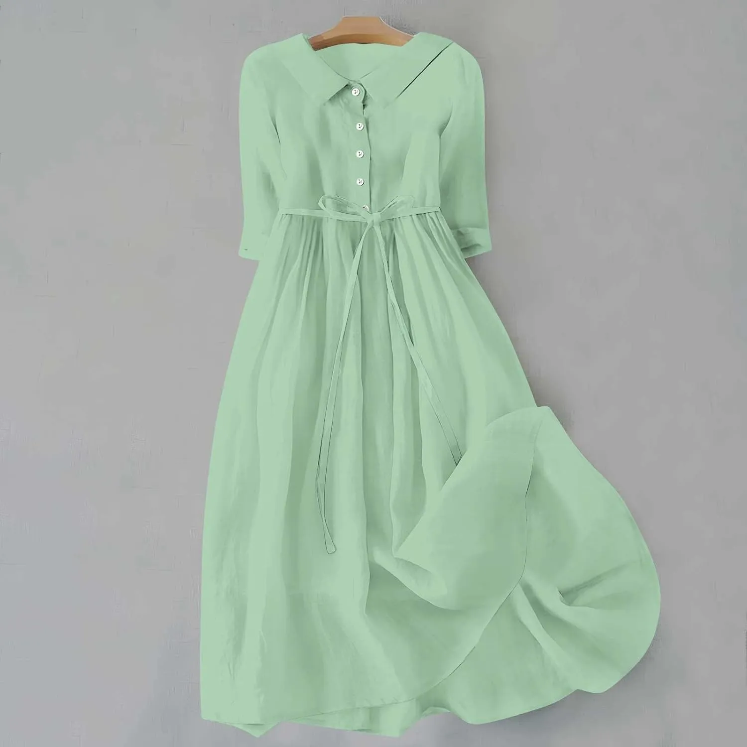 Women's Cotton Linen Button Down Shirt Dress Fashion Drawstring 3/4 Sleeve Pleated Dresses Casual Seaside Outfit 2025
