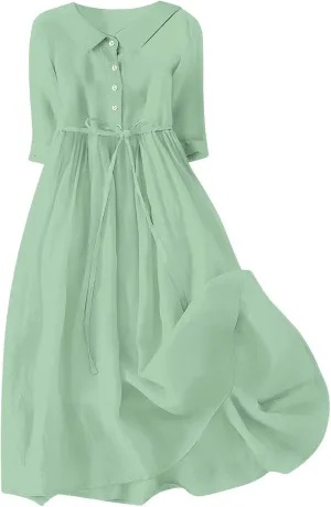 Women's Cotton Linen Button Down Shirt Dress Fashion Drawstring 3/4 Sleeve Pleated Dresses Casual Seaside Outfit 2025