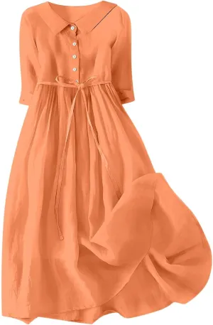 Women's Cotton Linen Button Down Shirt Dress Fashion Drawstring 3/4 Sleeve Pleated Dresses Casual Seaside Outfit 2025