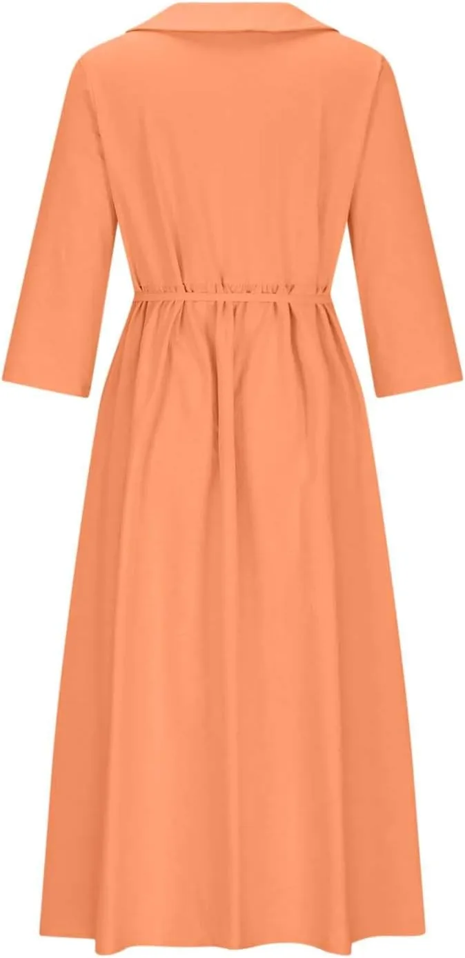 Women's Cotton Linen Button Down Shirt Dress Fashion Drawstring 3/4 Sleeve Pleated Dresses Casual Seaside Outfit 2025