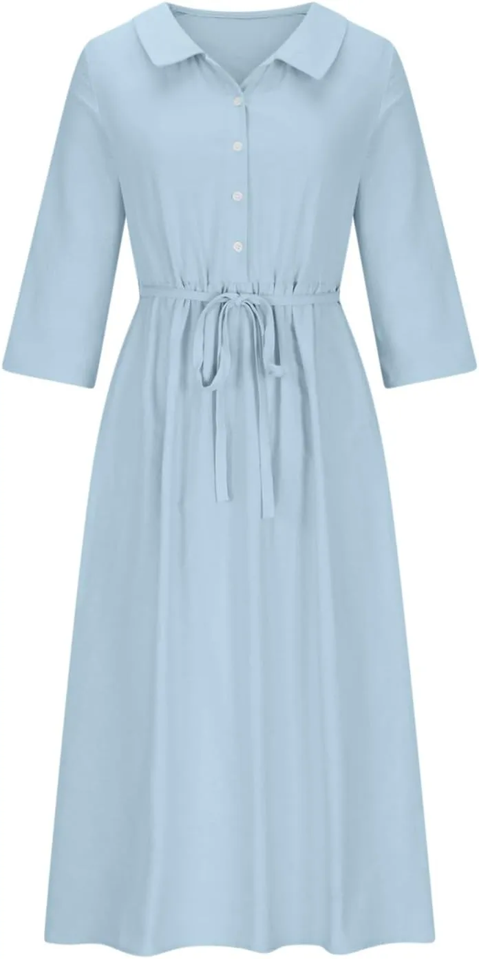 Women's Cotton Linen Button Down Shirt Dress Fashion Drawstring 3/4 Sleeve Pleated Dresses Casual Seaside Outfit 2025