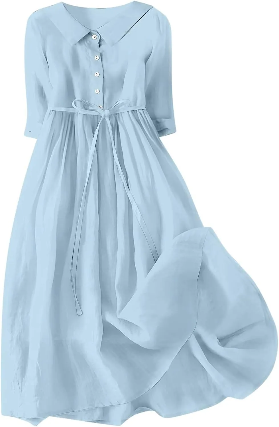 Women's Cotton Linen Button Down Shirt Dress Fashion Drawstring 3/4 Sleeve Pleated Dresses Casual Seaside Outfit 2025