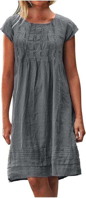 Women's Cotton Linen Pleated Dress Loose Fit Crewneck Short Sleeve Dresses Vacation Beach Sundress for Women 2025