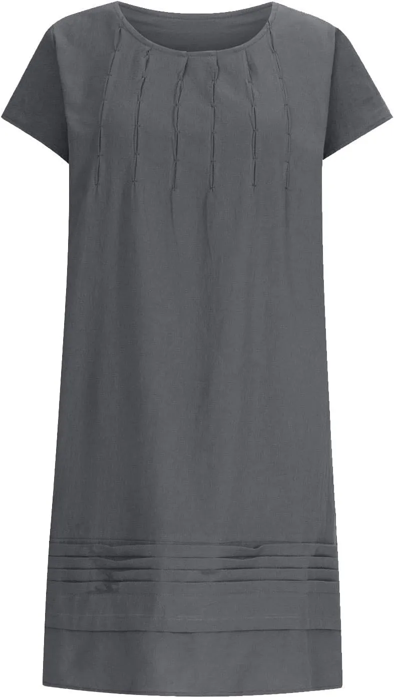 Women's Cotton Linen Pleated Dress Loose Fit Crewneck Short Sleeve Dresses Vacation Beach Sundress for Women 2025