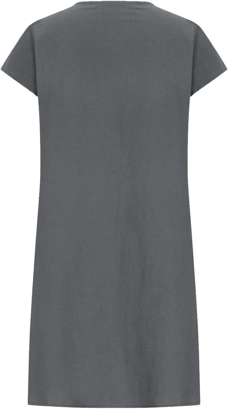 Women's Cotton Linen Pleated Dress Loose Fit Crewneck Short Sleeve Dresses Vacation Beach Sundress for Women 2025