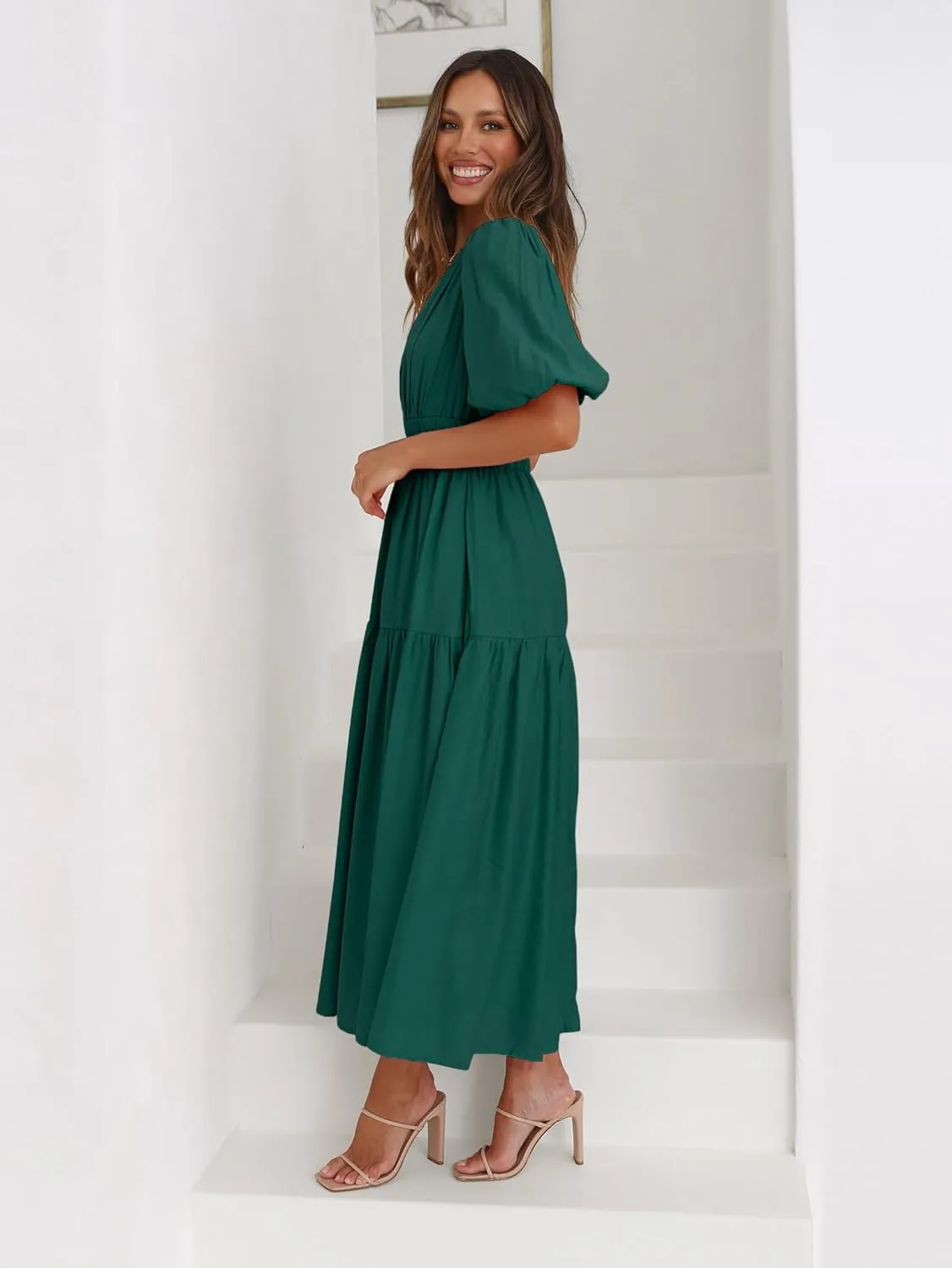 Womens Deep V Neck Puff Short Sleeve Tired Maxi Dress Boho Long Flowy Summer Dresses