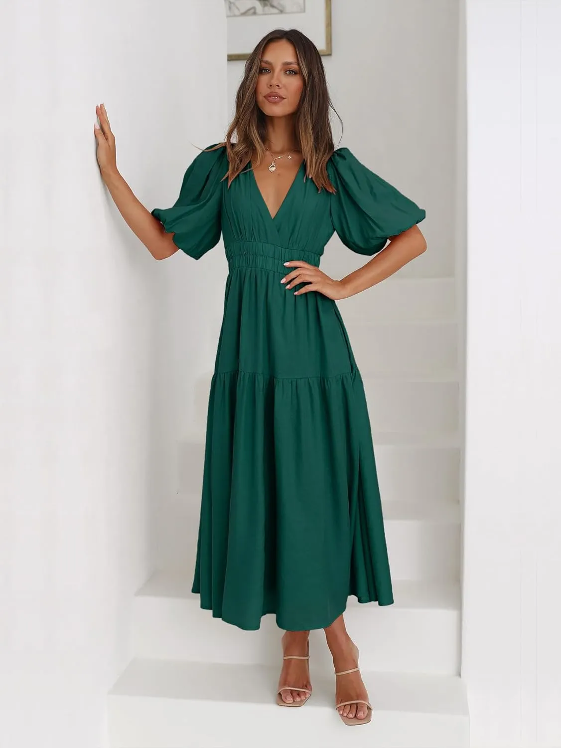 Womens Deep V Neck Puff Short Sleeve Tired Maxi Dress Boho Long Flowy Summer Dresses